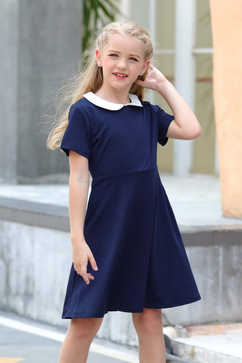 GORLYA Girl's Short Sleeve Casual Vintage Peter Pan Collar Fit and Flare Skater Party Dress with Pockets (GOR1006, 9-10Y, Navy) - Image 3